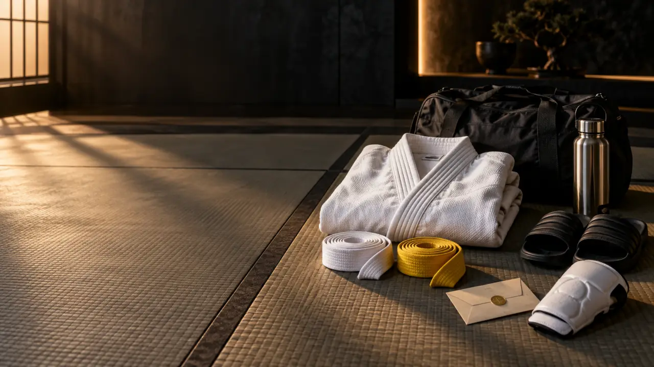 Judoka en tenue sur un tatami sombre