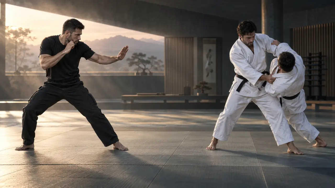 Pratiquant d'arts martiaux en entraînement dans un dojo sombre