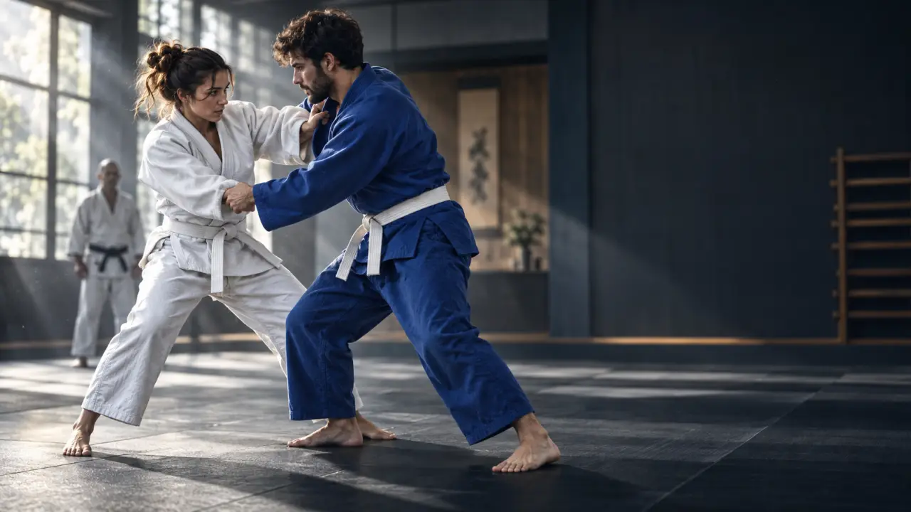 Deux pratiquants réalisent un randori encadré dans un dojo sombre