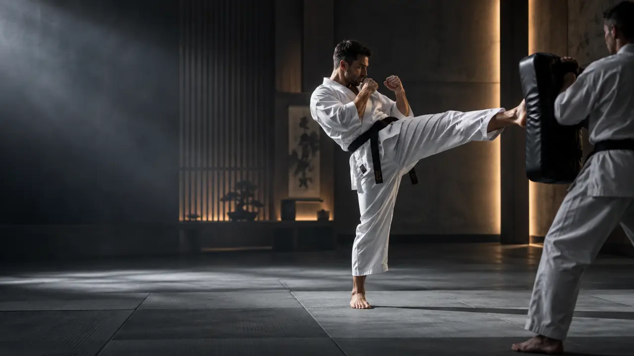 Pratiquant réalisant un mae-geri dans un dojo sombre