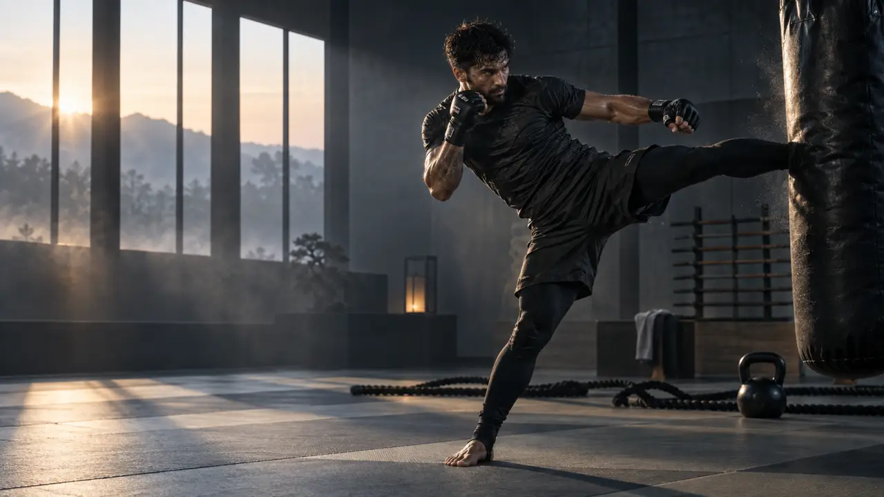 Pratiquant de sport de combat réalisant un mouvement explosif dans un dojo sombre