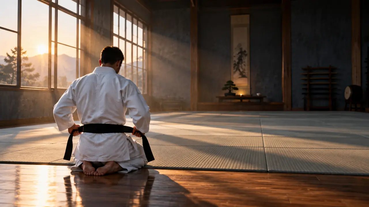 Pratiquant d'arts martiaux s'entraînant dans un dojo sombre