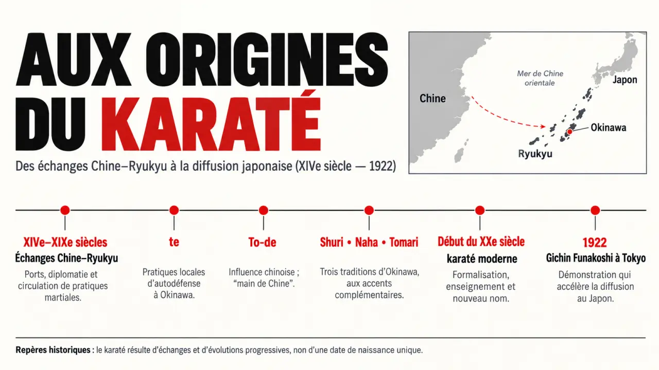 Infographie sur l’origine du karaté à Okinawa et sa diffusion par Funakoshi