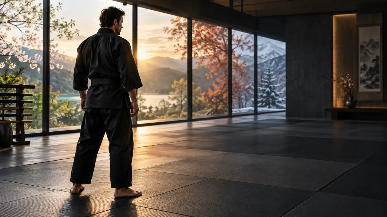 Artiste martial s'entraînant dans un dojo sombre et contrasté