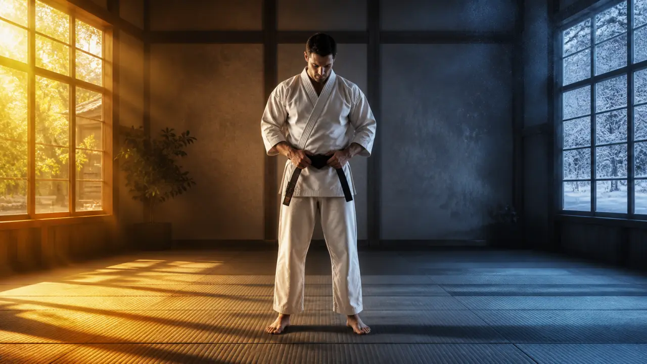 Artiste martial exécutant un coup de pied sauté dans un dojo sombre et dramatique