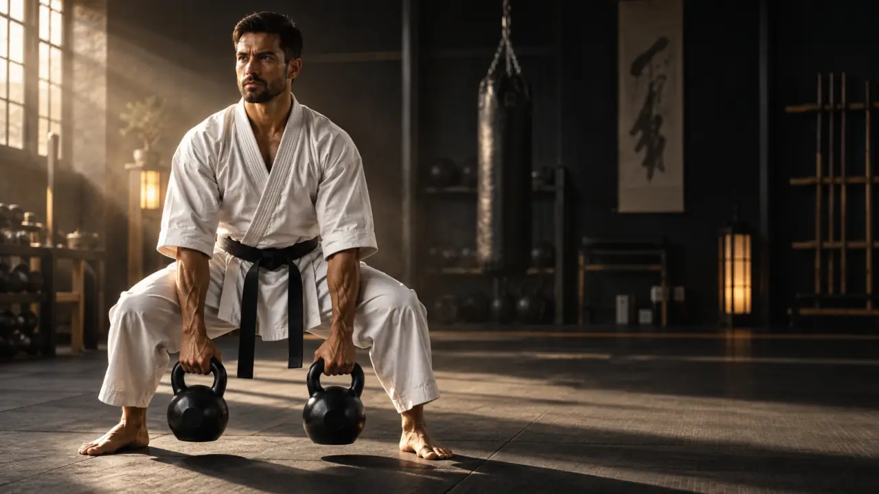 Karatéka réalisant un entraînement physique intense dans un dojo sombre