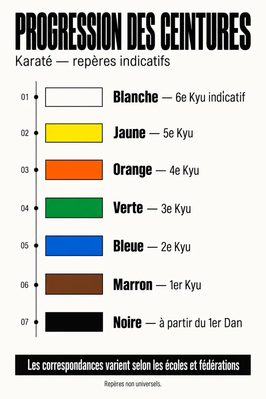 Infographie de la progression des couleurs de ceinture karaté et des grades Kyu et Dan
