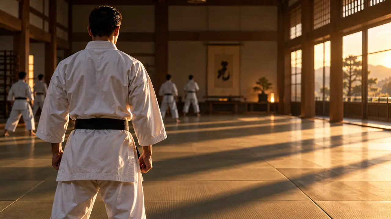 Karatéka exécutant une technique dans un dojo sombre éclairé de rouge