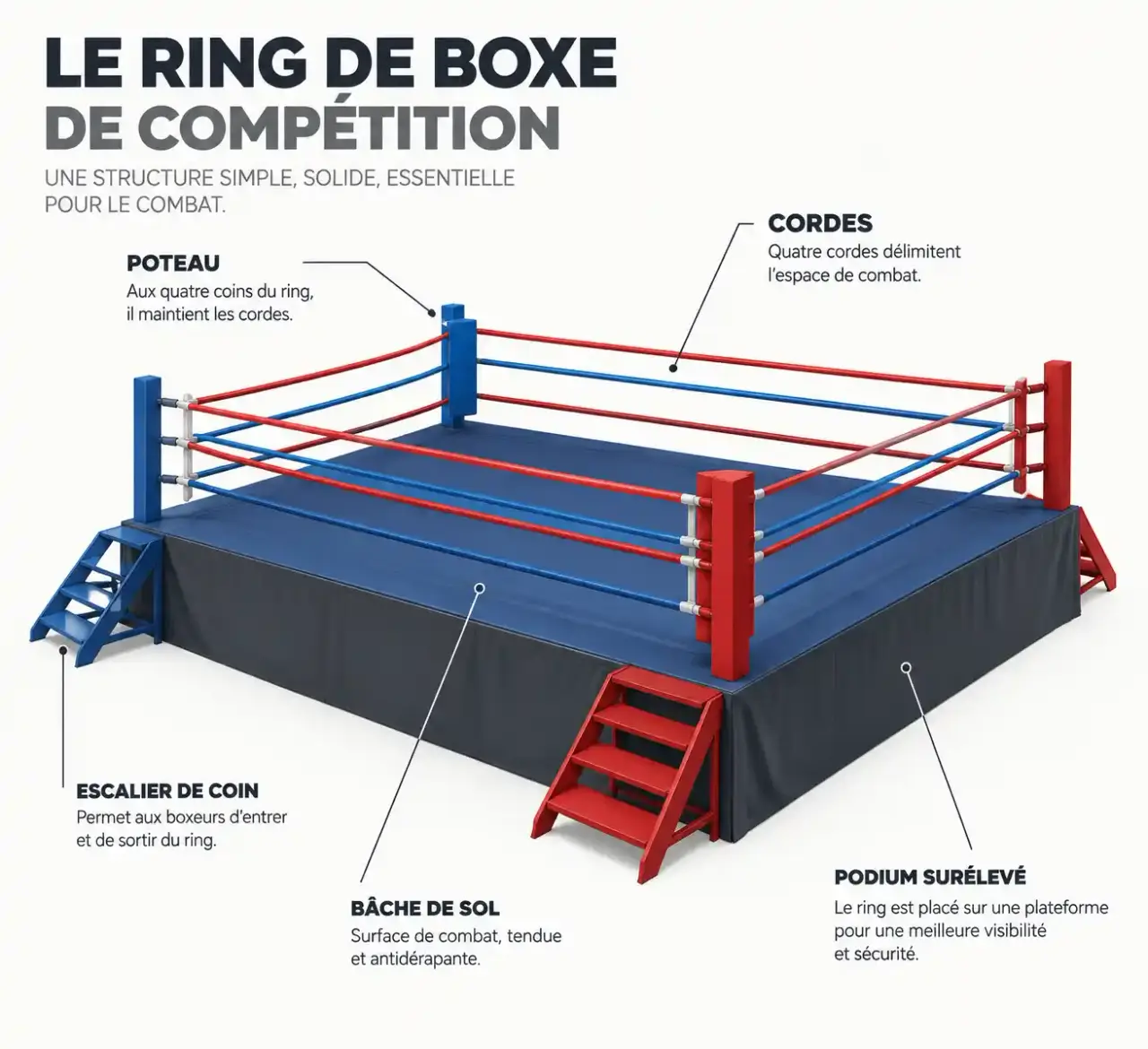 Schéma de la structure d'un ring de boxe de compétition : podium, poteaux, cordes et escaliers