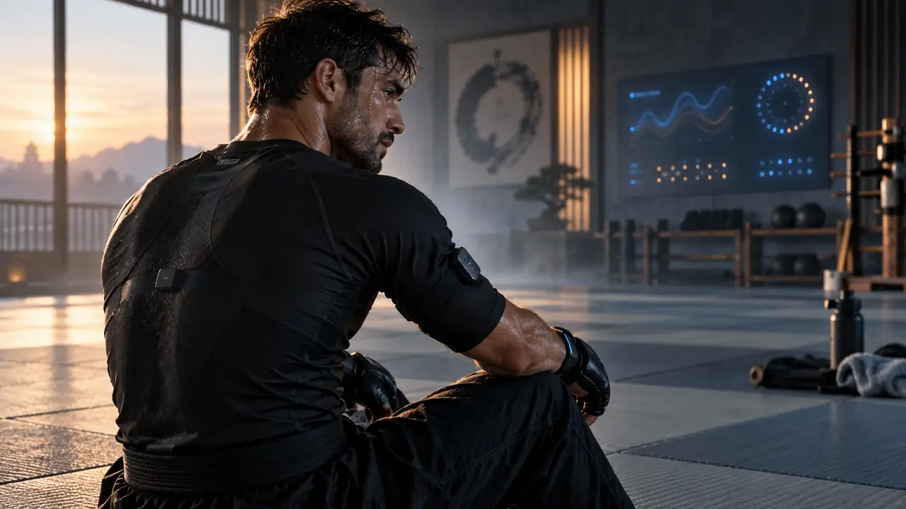 Pratiquant de sport de combat s'entraînant dans un dojo sombre avec un dispositif de suivi