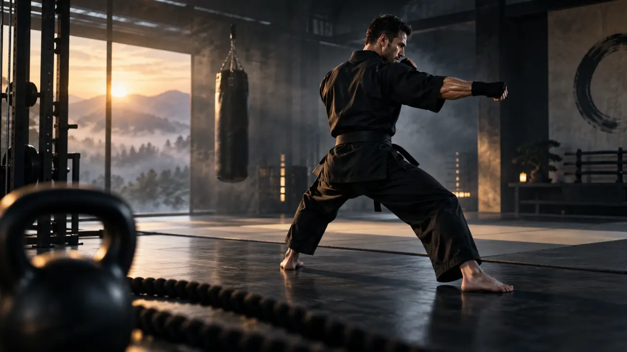 Artiste martial réalisant un coup de pied sauté dans un dojo sombre