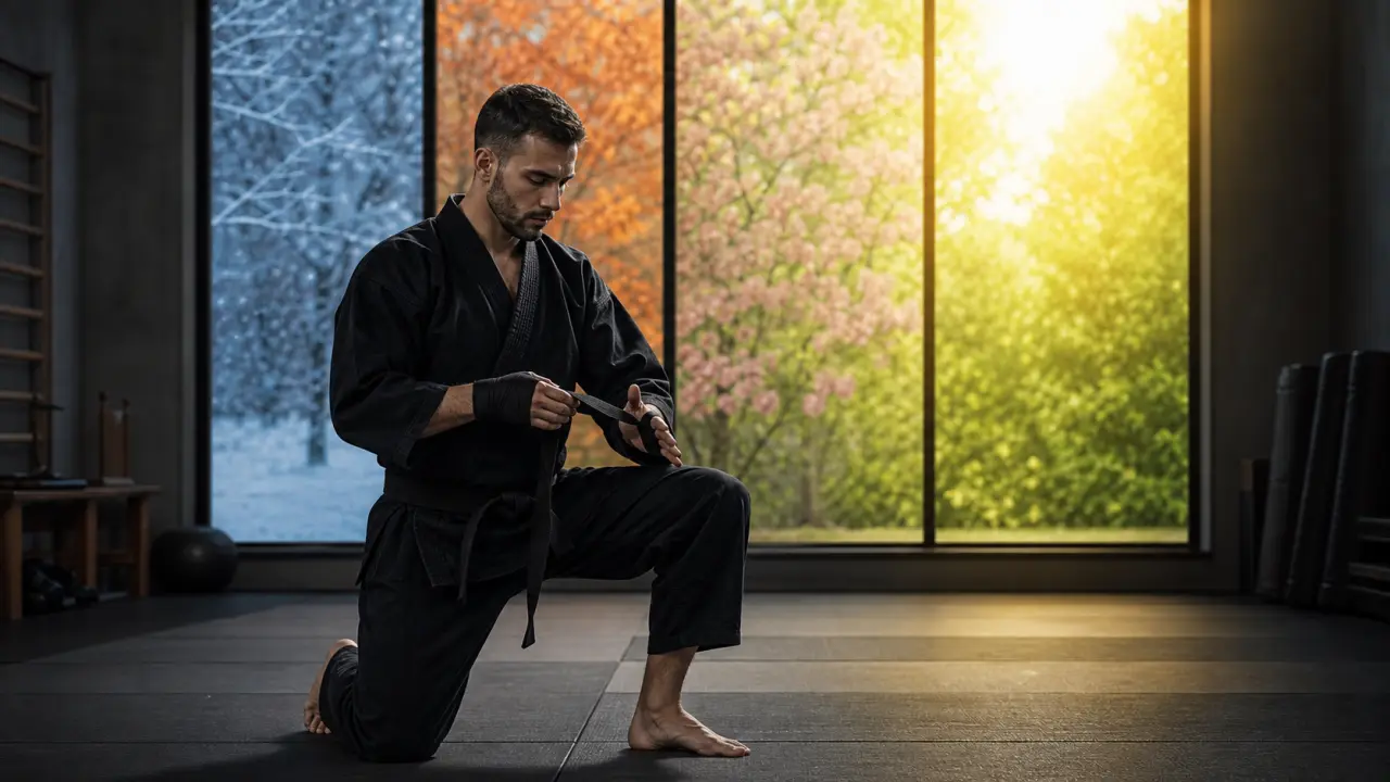 Artiste martial exécutant un coup de pied sauté dans un dojo sombre éclairé par une lumière zénithale