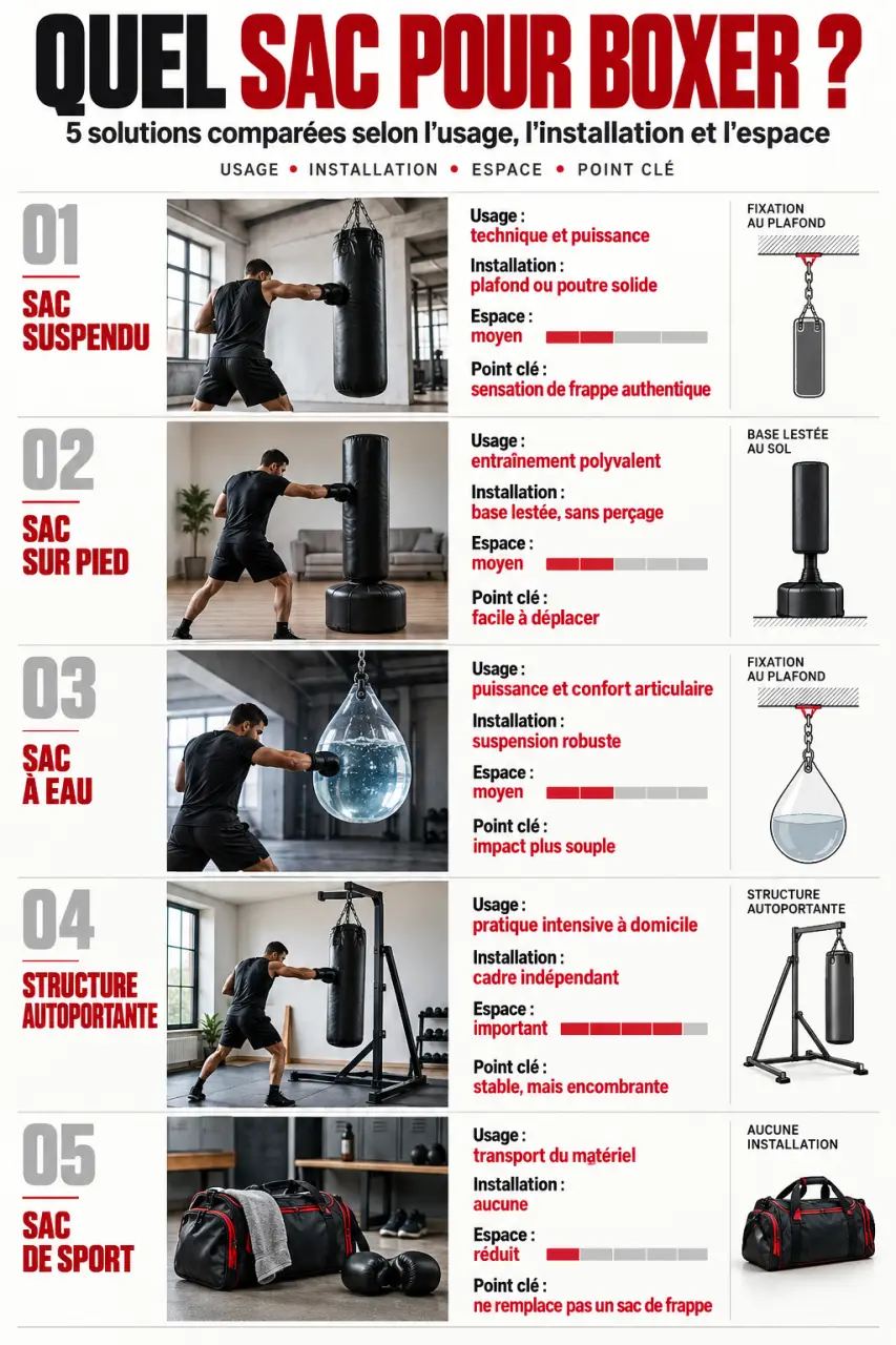 Comparatif visuel des différents types de sac pour boxeur selon l’usage et l’installation