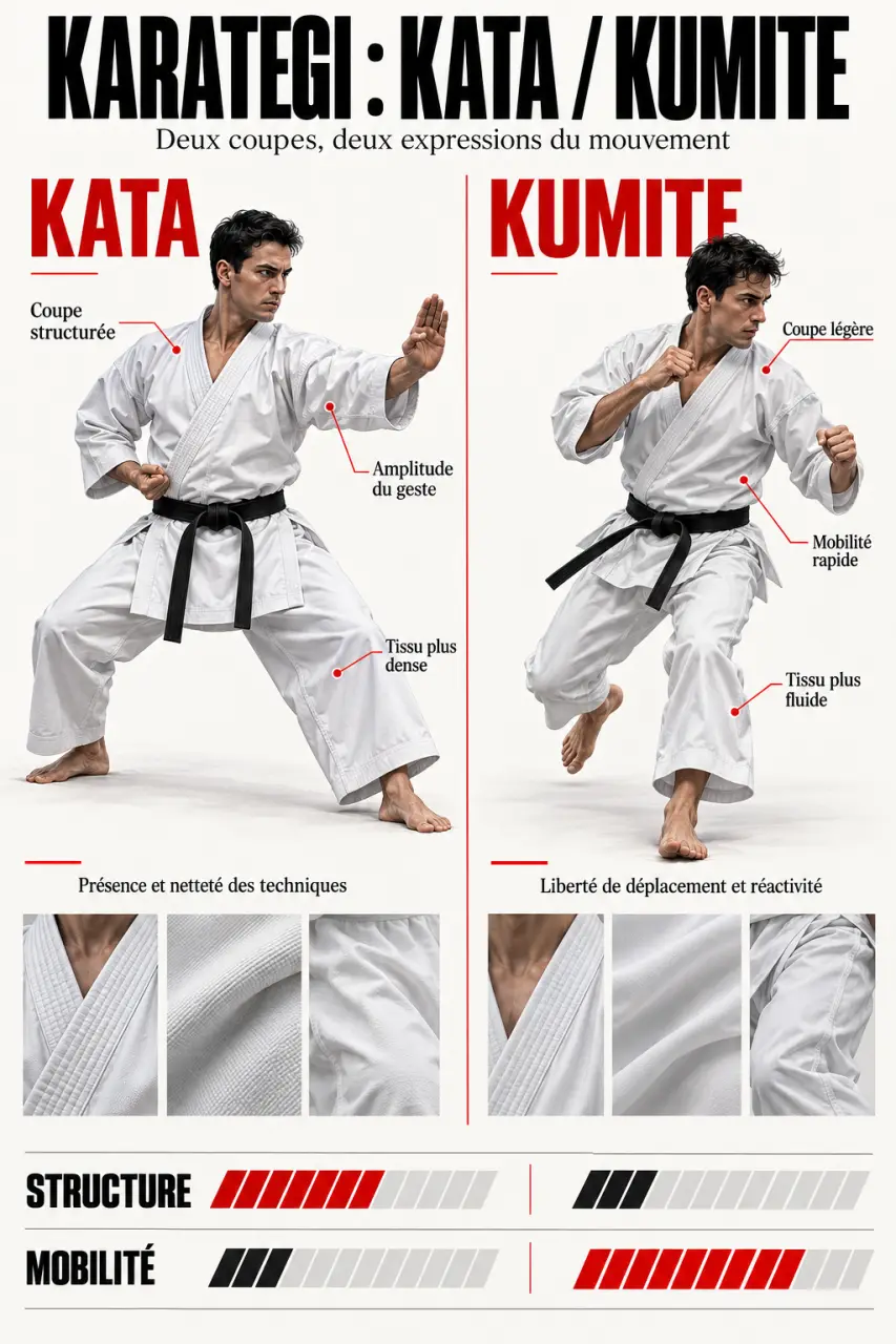 Infographie comparant un kimono karaté Kata et un kimono karaté Kumite selon la coupe et la mobilité