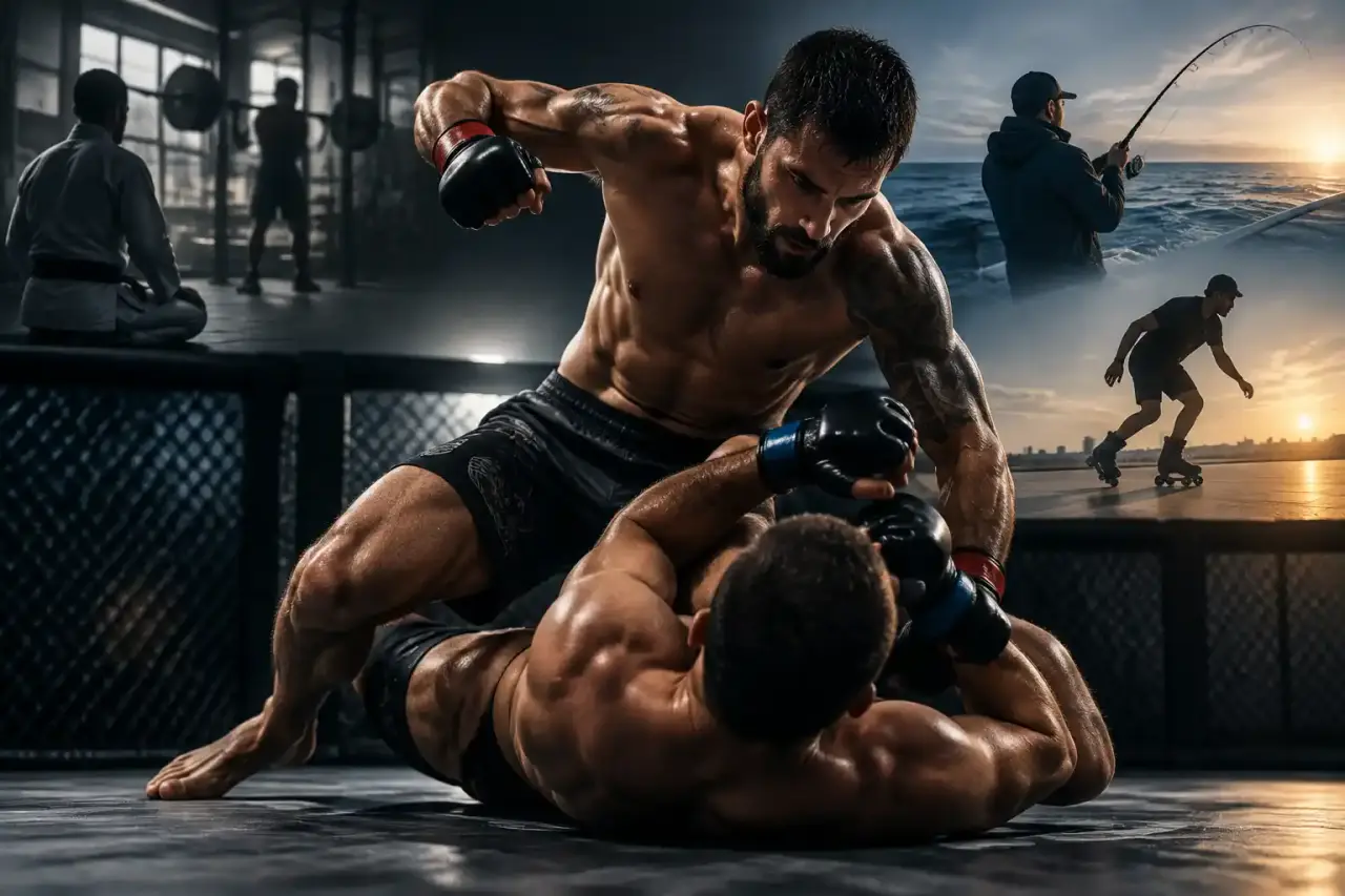 Combattant de MMA en mouvement dans un dojo sombre