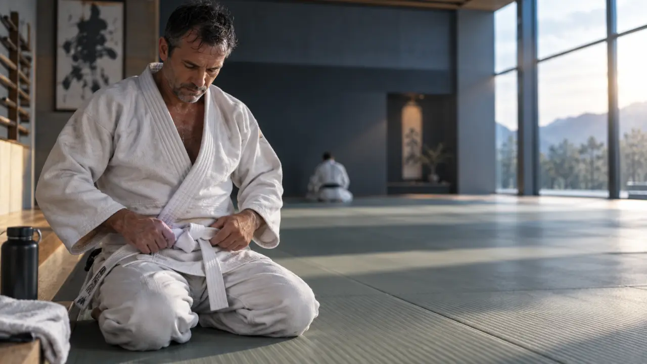 Judoka adulte en entraînement sur un tatami sombre