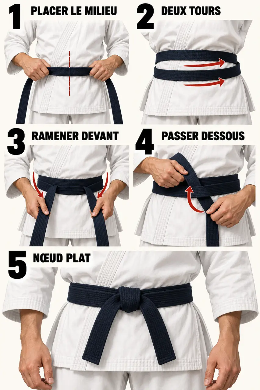 Illustration des étapes pour nouer une ceinture karaté à deux tours