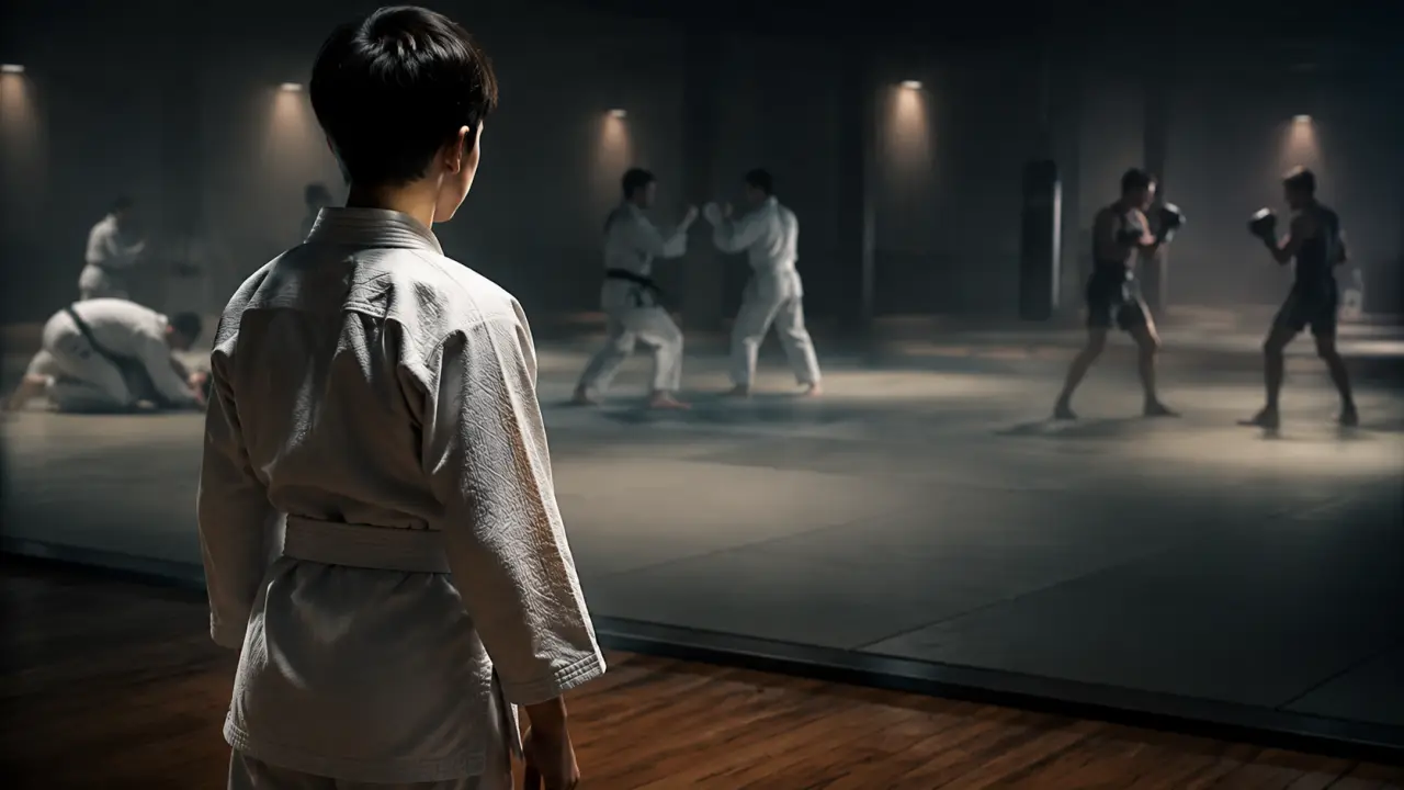 Artiste martial en plein saut dans un dojo sombre, lumière dramatique