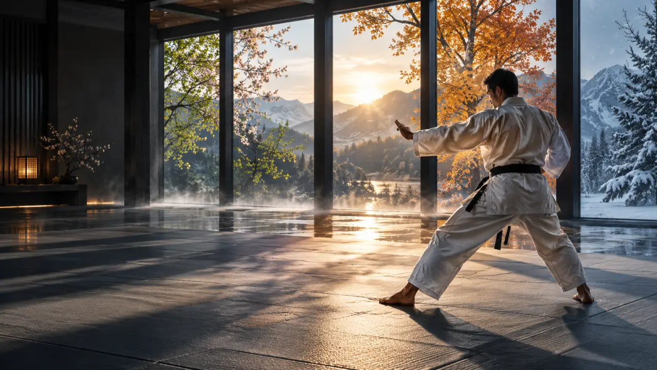 Pratiquant d'arts martiaux s'entraînant dans un dojo sombre et contrasté