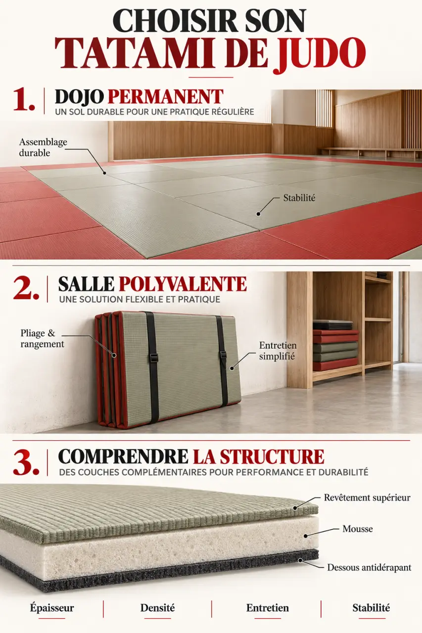 Infographie sur le choix d’un tatami judo traditionnel ou pliable
