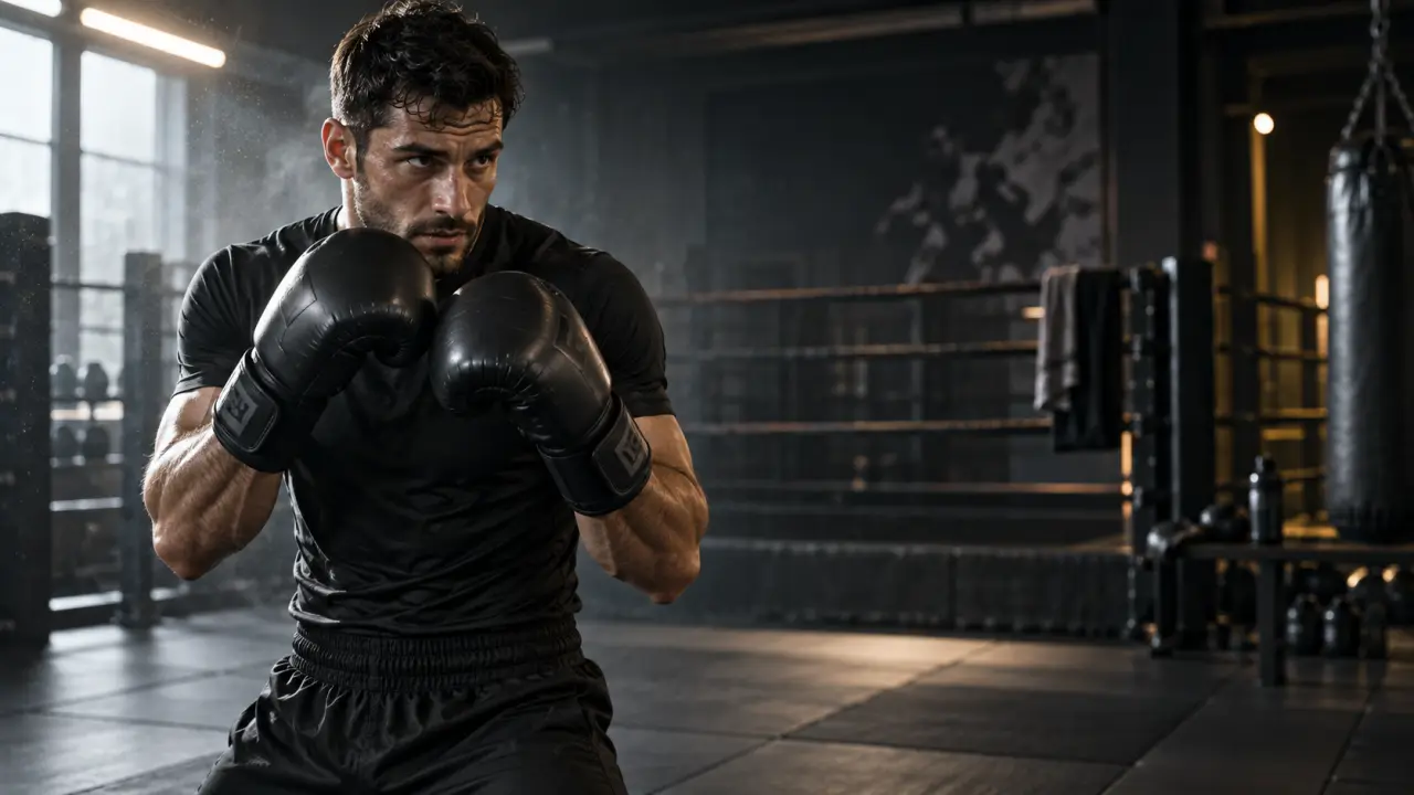 Pratiquant de boxe en garde dans un dojo sombre
