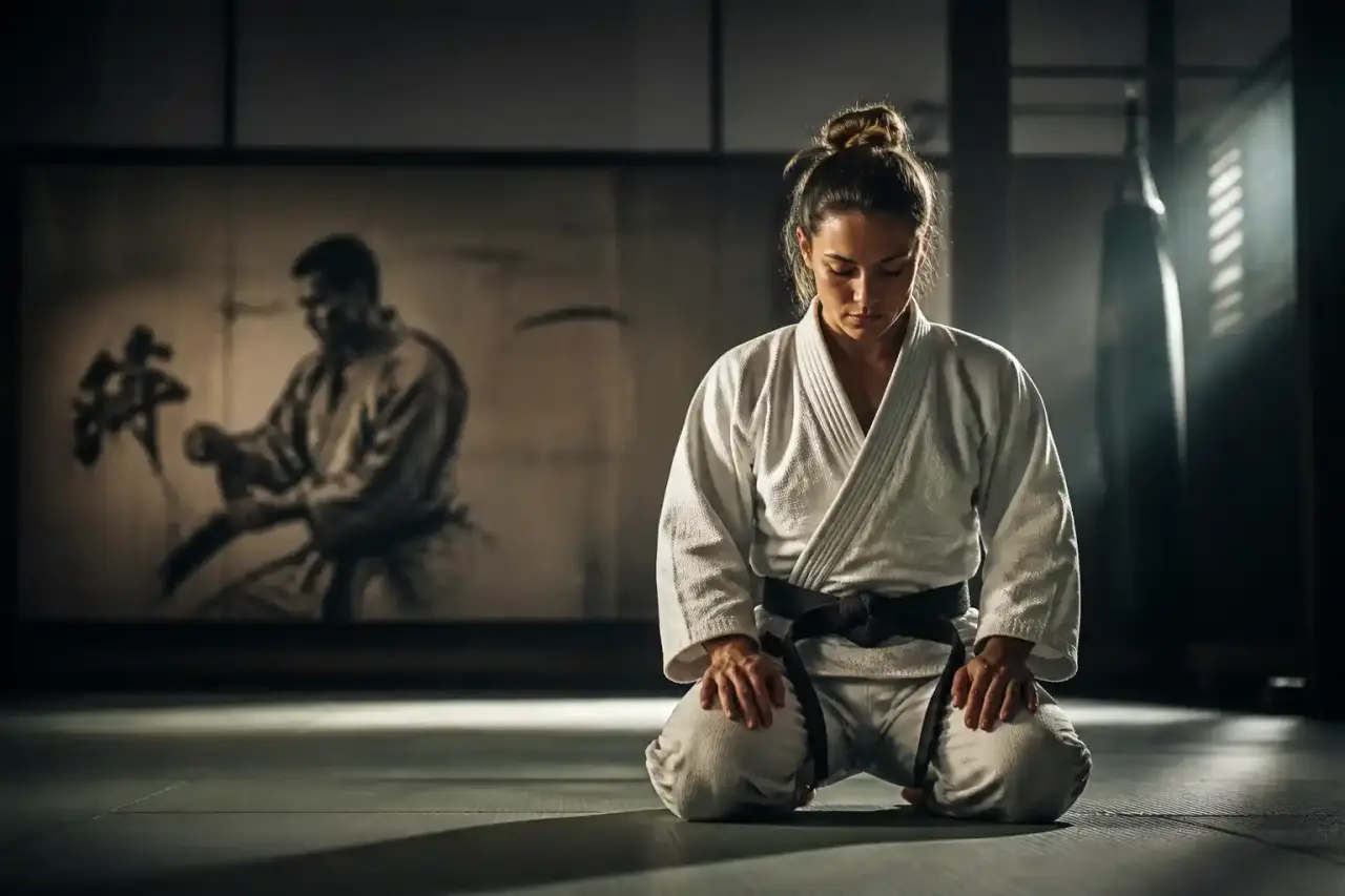 Pratiquant de self-défense en posture de garde dynamique dans un dojo sombre