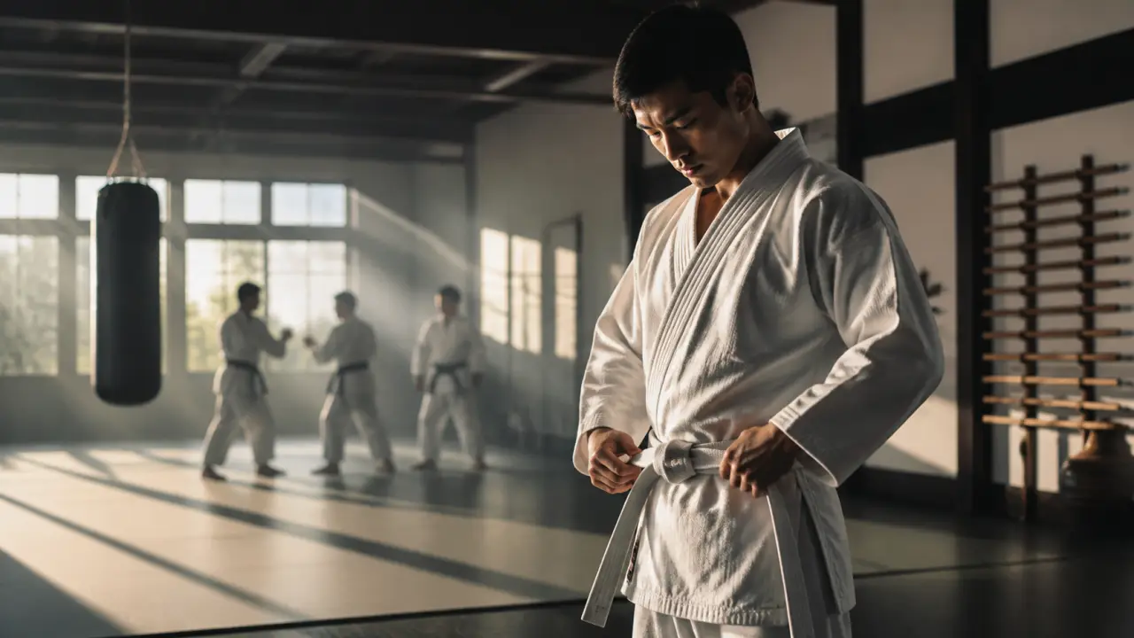 Art martial débutant dans un dojo sombre, mouvement explosif éclairé par une lumière zénithale