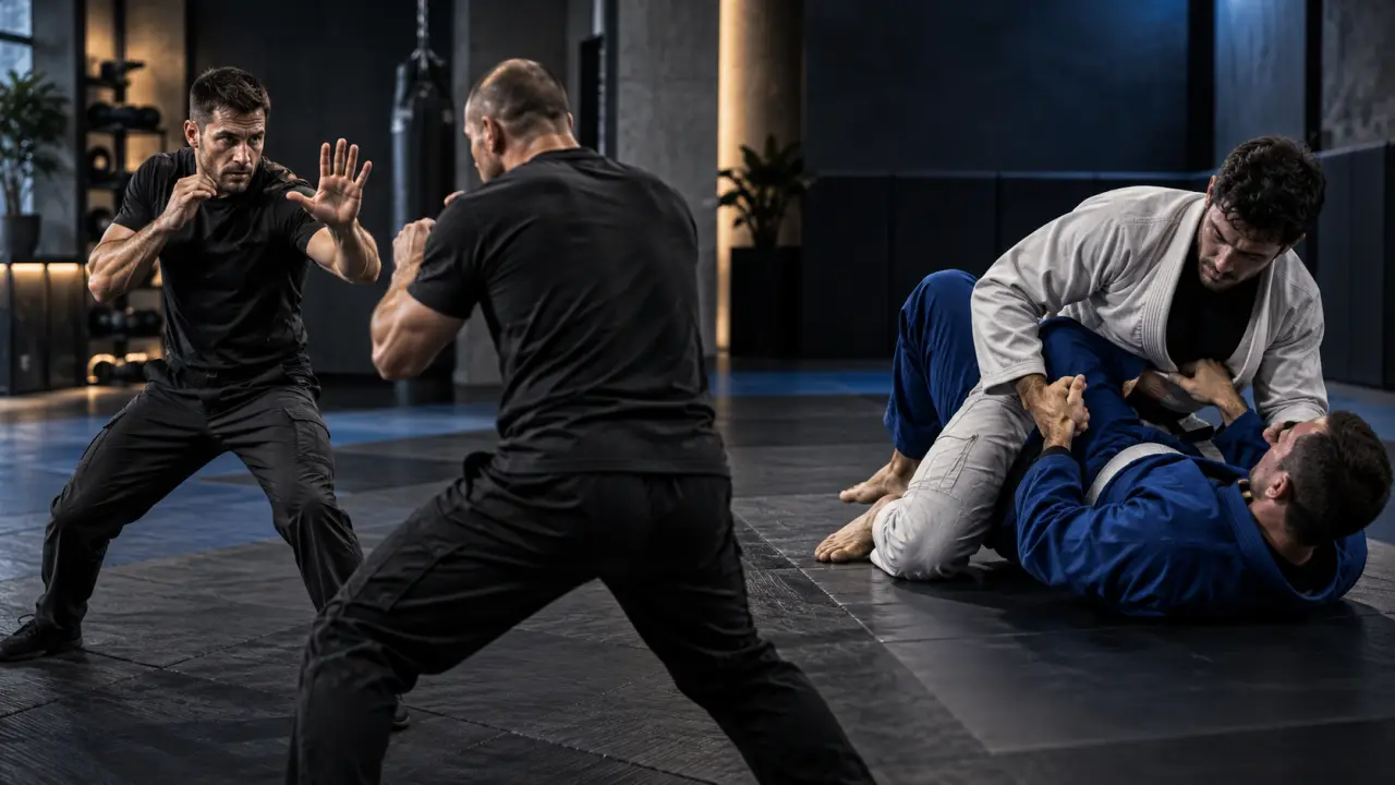 Pratiquant d'arts martiaux s'entraînant dans un dojo sombre