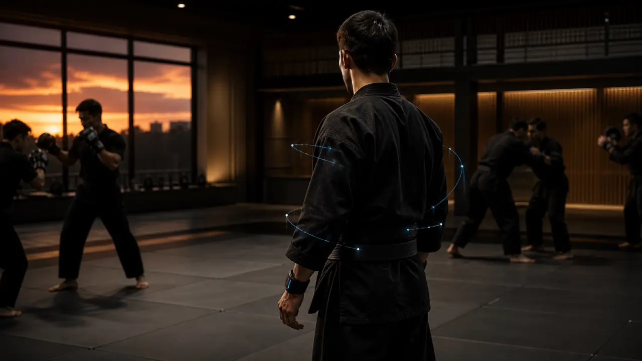 Artiste martial exécutant un coup de pied sauté dans un dojo sombre, éclairé par une lumière zénithale