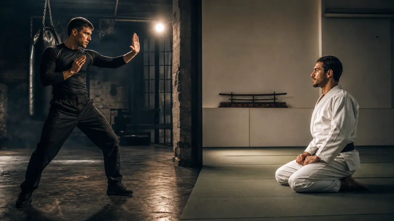 Artiste martial en pleine action dans un dojo sombre