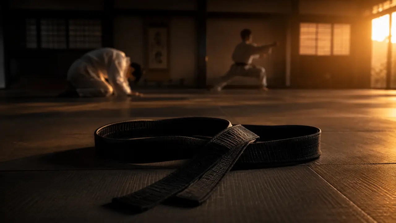 Artiste martial exécutant un coup de pied sauté dans un dojo sombre, éclairé par un faisceau de lumière dramatique