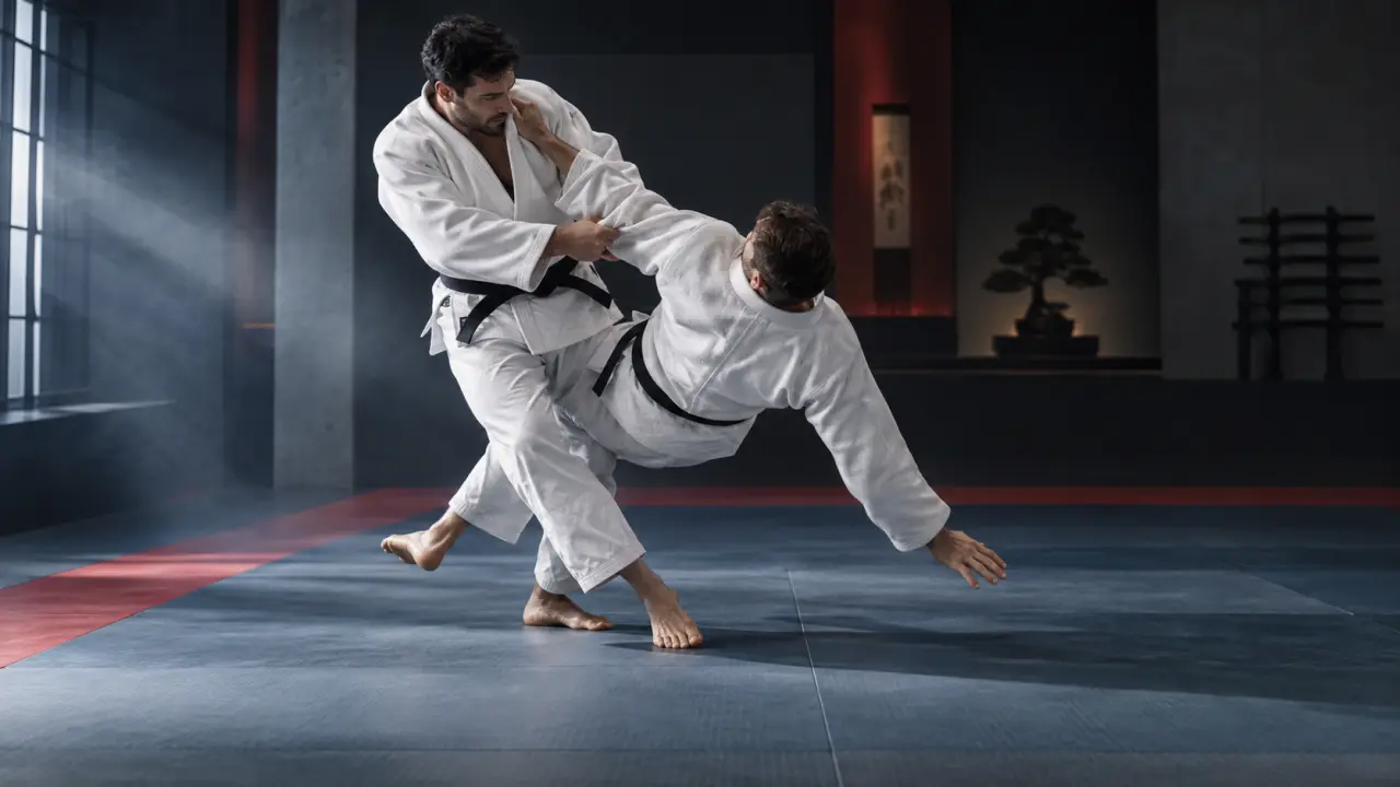 Pratiquant exécutant un o-soto-gari dans un dojo sombre