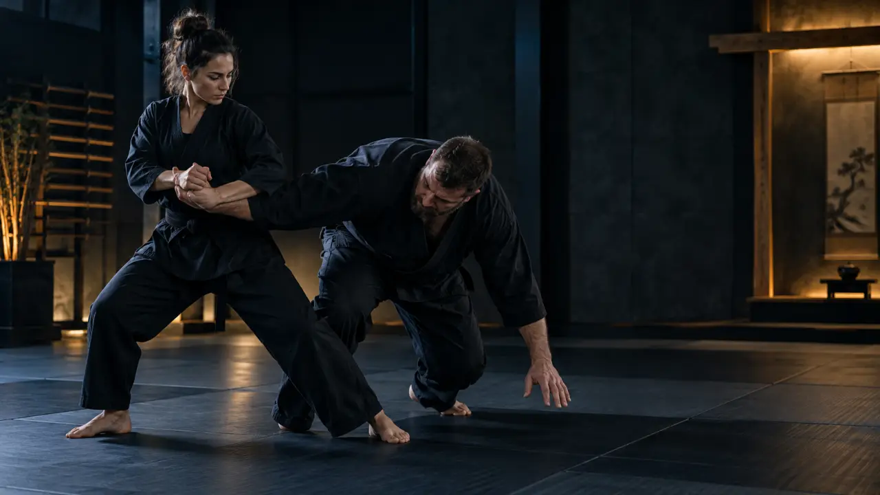 Pratiquant travaillant une technique de self-défense dans un dojo sombre