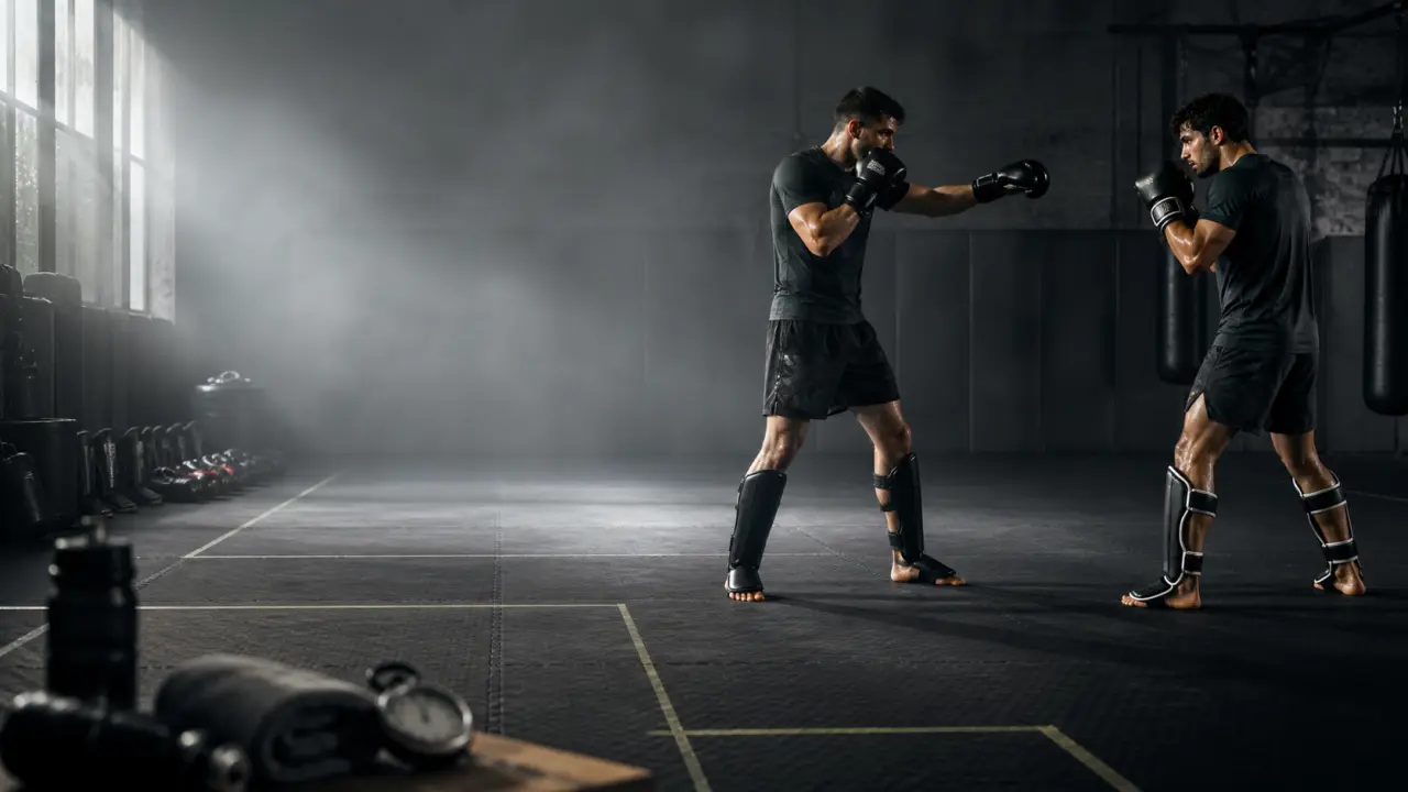 Artiste martial en action dans un dojo sombre