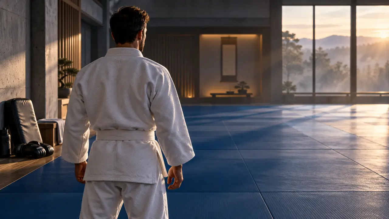Pratiquant débutant travaillant une technique de combat dans un dojo sombre