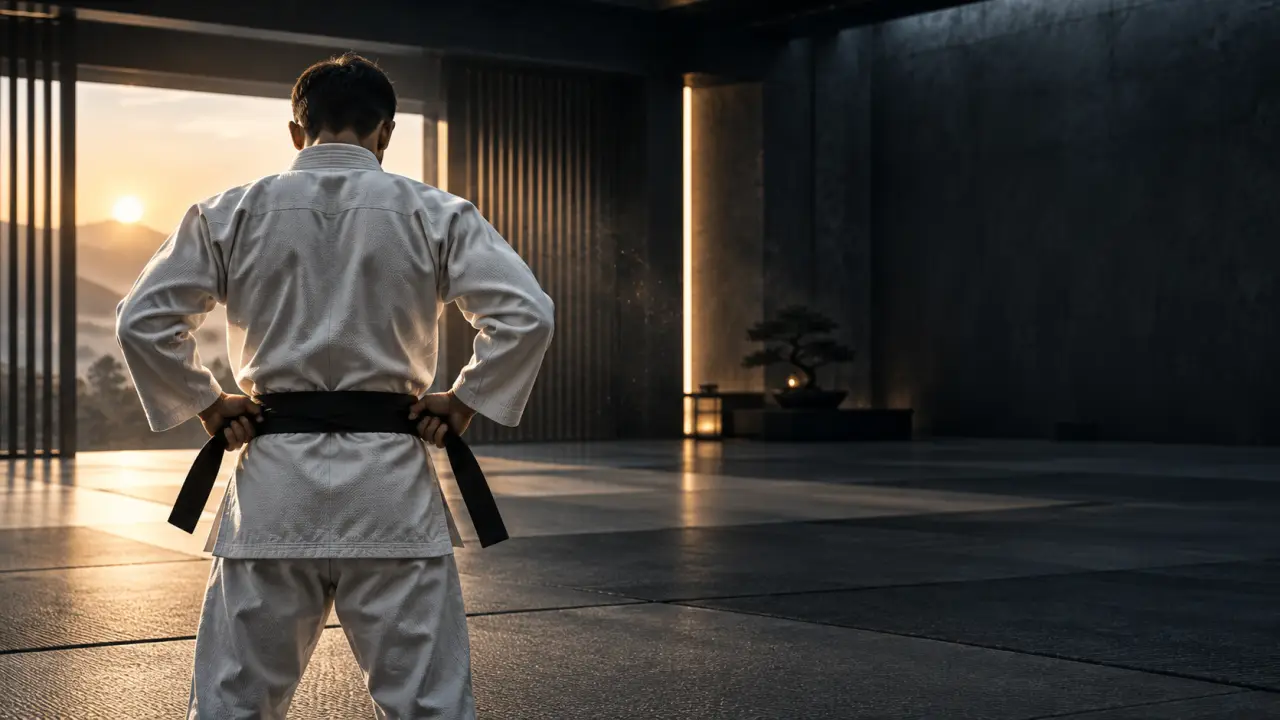 Pratiquant d'arts martiaux s'entraînant dans un dojo sombre
