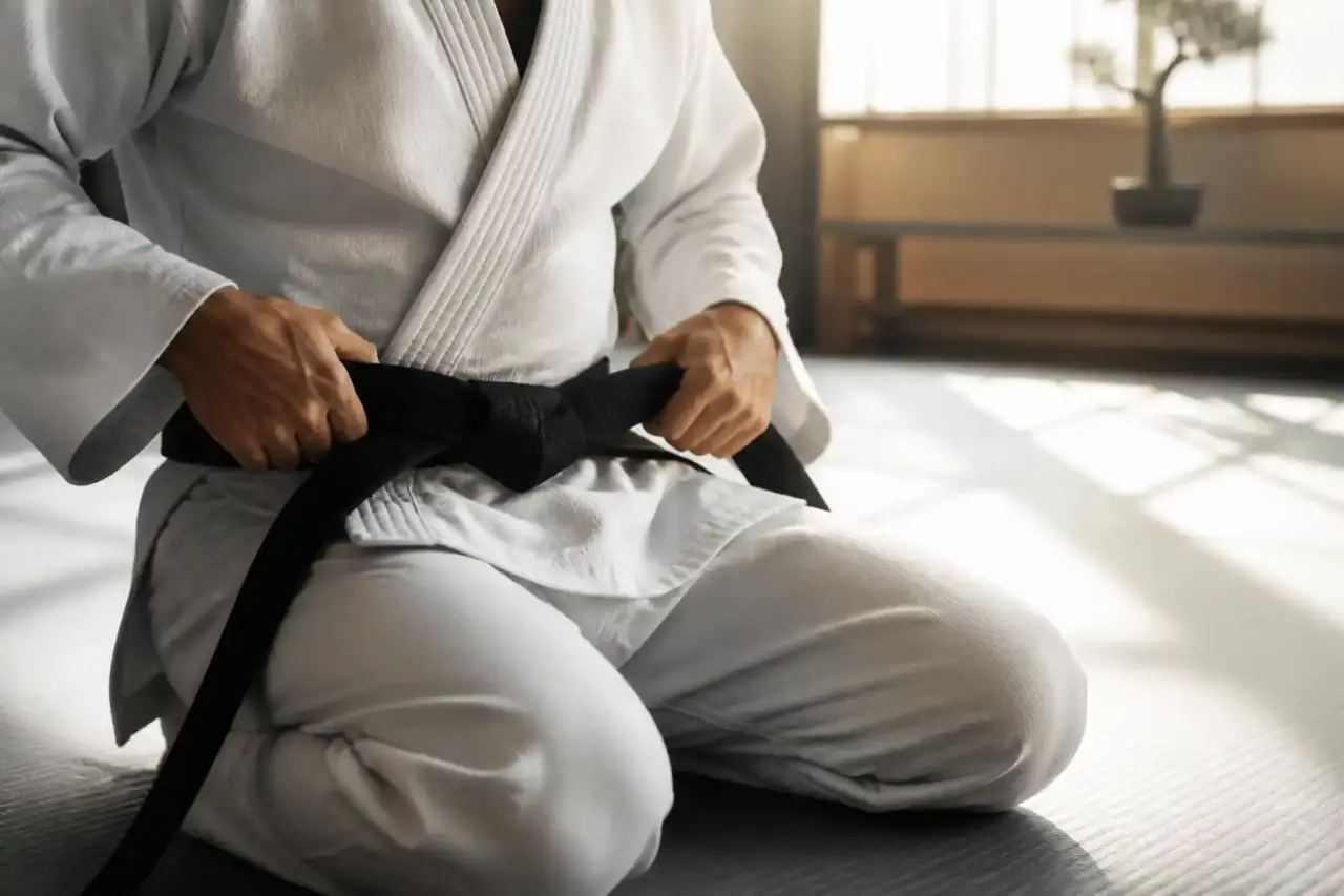 Artiste martial en pleine action dans un dojo sombre, éclairage dramatique