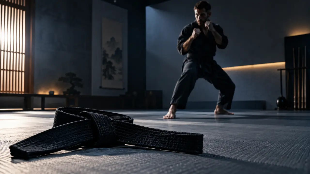 Pratiquant d'arts martiaux travaillant sa défense dans un dojo sombre