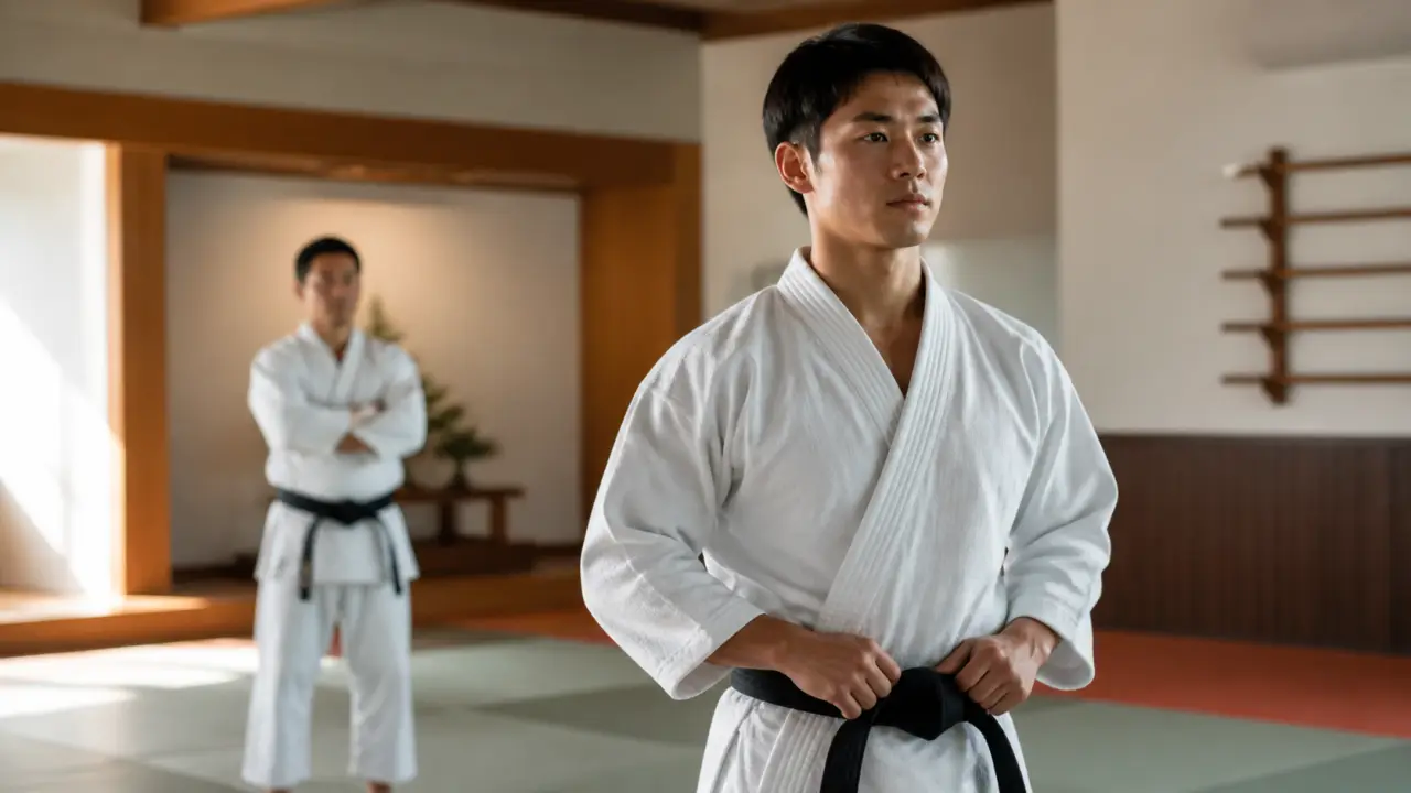 Artiste martial exécutant un coup de pied sauté dans un dojo sombre et dramatique