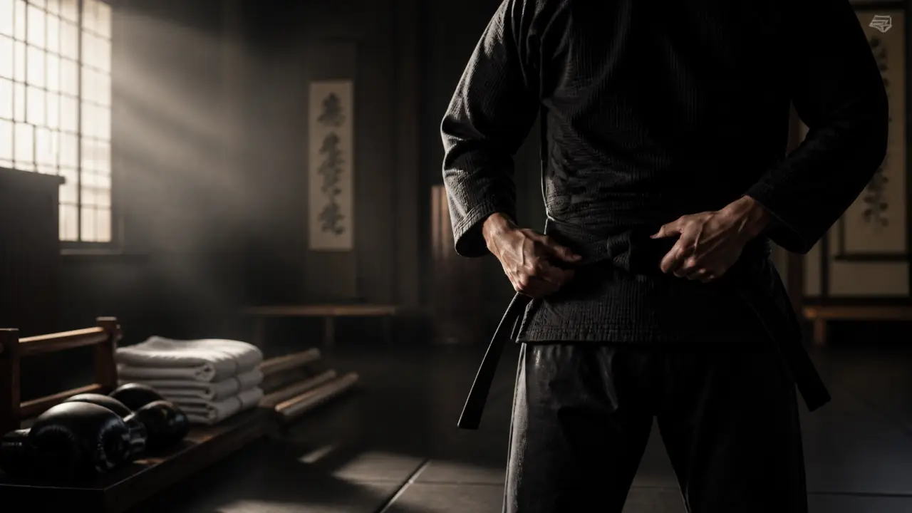 Artiste martial exécutant un coup de pied sauté dans un dojo sombre et dramatique
