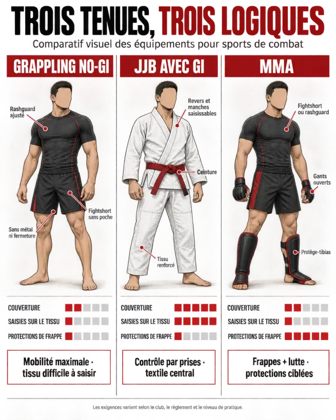 Infographie de tenue grappling No-Gi comparée au Gi de JJB et à la tenue MMA